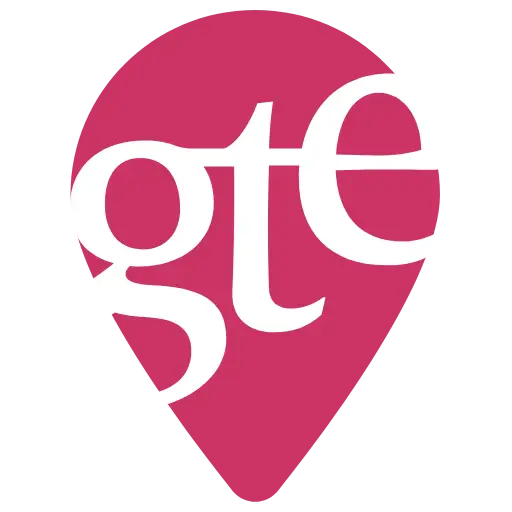 Isotipo de Guía Telefónica de Empresas: una marca de ubicación color corporativo (rosa fuerte) con las iniciales gte dentro en color blanco