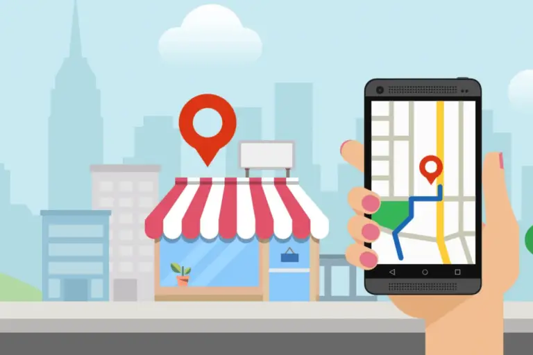 Ilustración de una ciudad en la que destaca una tienda física clásica (local con escaparate y toldo), y en primer plano una mano con un móvil en el que puede verse una aplicación de Mapas ubicando la tienda física.
